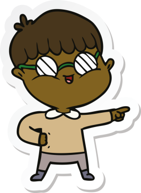 Bir insan tarafından çizilmiş gözlüklü bir çizgi film çocuğunun çıkartması.