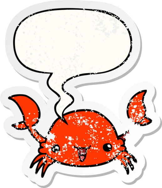 Konuşma baloncuklu çizgi film yengeci bir insan tarafından çizilmiş sıkıntılı eski bir çıkartma