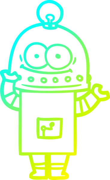 Bir insan tarafından çizilmiş ampullü mutlu bir robot çizimi.