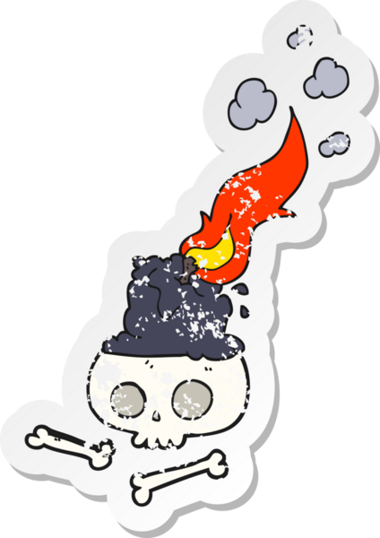 Bir insan tarafından çizilmiş kafatası üzerinde yanan bir çizgi filmin gerilimli yapıştırması