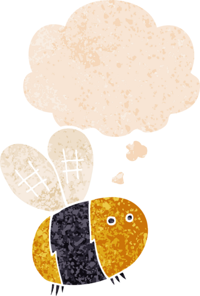 Düşünce baloncuğu olan çizgi film arısı bir insan tarafından çizilmiş dertli retro tarzı