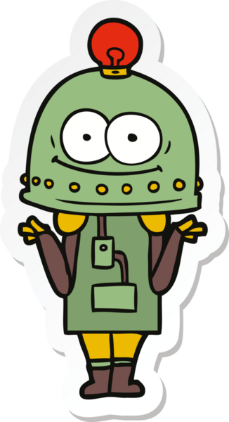 Bir insan tarafından çizilmiş mutlu bir karton robotun çıkartması.