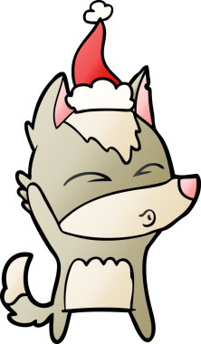 Bir insan tarafından çizilmiş Noel Baba şapkası giymiş bir kurdun el çizimi karikatürü.