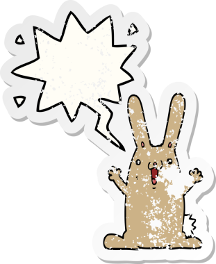 Konuşma baloncuğu olan çizgi film tavşanı bir insan tarafından çizilmiş sıkıntılı eski bir çıkartma