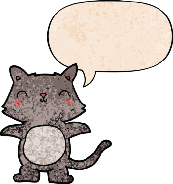 Konuşma baloncuğu olan çizgi film kedisi insan tarafından çizilmiş eski moda dokular.