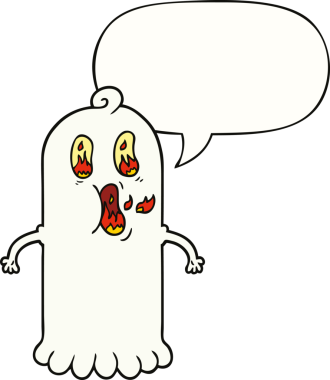 Bir insan tarafından çizilmiş, alev alev yanan gözleri olan bir çizgi film hayaleti.