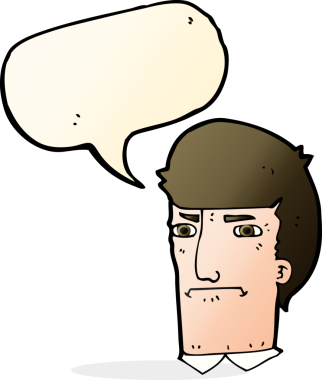 Bir insan tarafından çizilmiş konuşma baloncuğuyla gözlerini kısarak bakan çizgi film adamı.