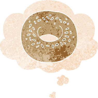 Düşünce baloncuklu çizgi film donutu grunge sıkıntılı retro desenli bir insan tarafından çizilmiş