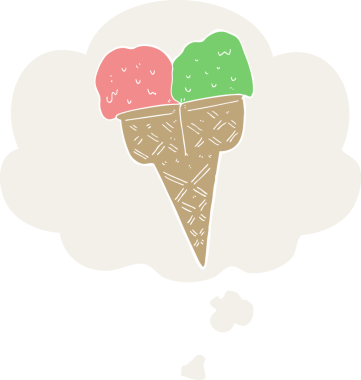 Düşünce baloncuklu karikatür dondurması insan tarafından çizilmiş.