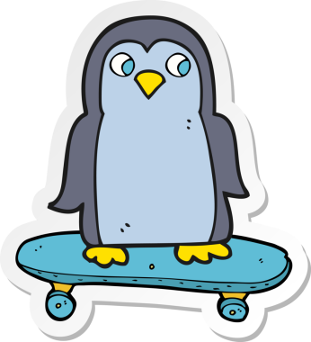 Bir insan tarafından çizilmiş kaykay kullanan penguen karikatürü.