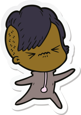 Çizgi film çıkartması. Bir insan tarafından çizilmiş sinirli hippi kız.