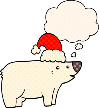 Çizgi roman tarzında bir insan tarafından çizilmiş düşünce baloncuklu Noel şapkası takan çizgi film ayısı.