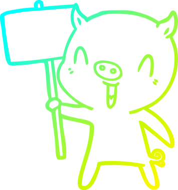 Bir insan tarafından çizilmiş tabela direği olan mutlu bir domuz çizimi.