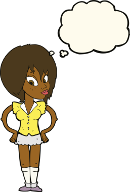 Bir insan tarafından çizilmiş düşünce baloncuğu olan elleri kalçasında çizgi film kadını.