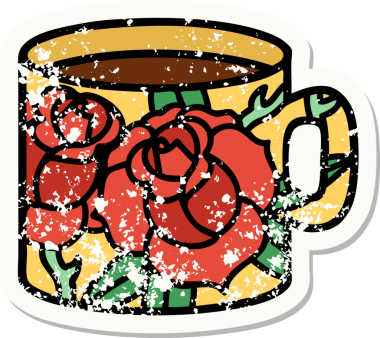 Geleneksel bir fincan stili ve bir insan tarafından çizilmiş çiçek dövmesi.