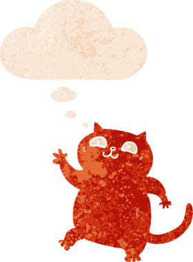 grunge 'da düşünce baloncuğu olan çizgi film kedisi bir insan tarafından çizilmiş dertli retro desenli