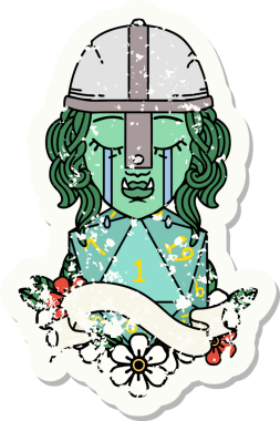 Ağlayan bir Ork savaşçısı karakterinin grunge çıkartması. Doğal bir insan tarafından çizilmiş D20 ruloyla.