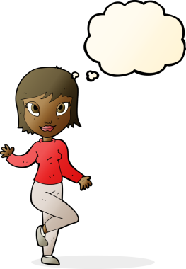 Bir insan tarafından çizilmiş düşünce baloncuğuyla el sallayan güzel bir kadın.