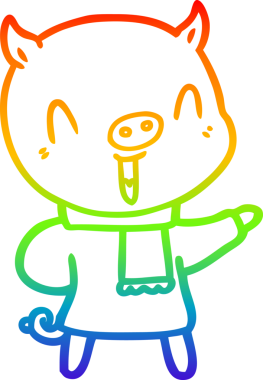 Gökkuşağı gradyan çizgisi insan tarafından çizilmiş kışın giydirilmiş mutlu bir domuzun çizimi