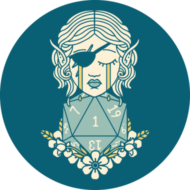 Retro Dövme Tarzı Ağlayan Elf düzenbaz karakter yüzü ve bir insan tarafından çizilmiş doğal bir D20 rulo