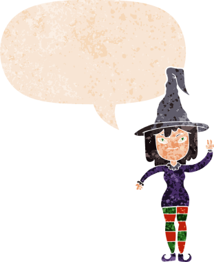 Konuşma baloncuğu olan karikatür cadısı bir insan tarafından çizilmiş dertli retro tarzı