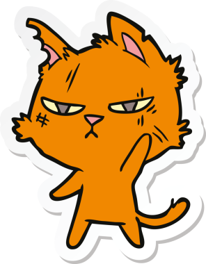 Bir insan tarafından çizilmiş sert bir çizgi film kedisinin çıkartması.