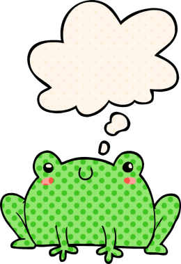 Çizgi roman tarzında düşünce baloncuğu olan çizgi film kurbağası.