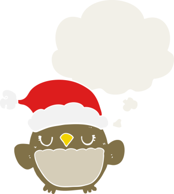 Bir insan tarafından çizilmiş düşünce baloncuğu olan sevimli noel baykuşu.