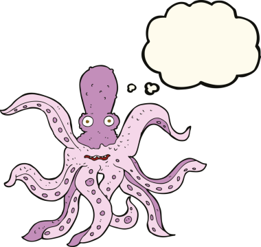 Bir insan tarafından çizilmiş düşünce baloncuklu dev ahtapot çizgi filmi.