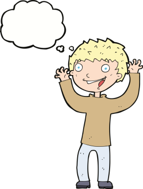 Bir insan tarafından çizilmiş düşünce baloncuğu olan heyecanlı çocuk.