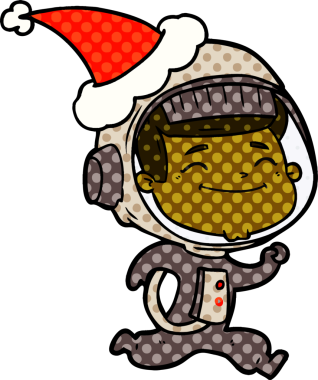 Bir insan tarafından çizilmiş Noel Baba şapkası giyen bir astronotun çizdiği mutlu el çizimi çizgi roman tarzı.