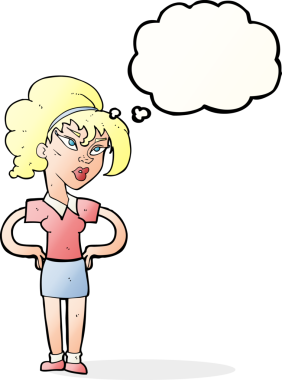 Bir insan tarafından çizilmiş düşünce baloncuğu olan elleri kalçasında çizgi film kadını.