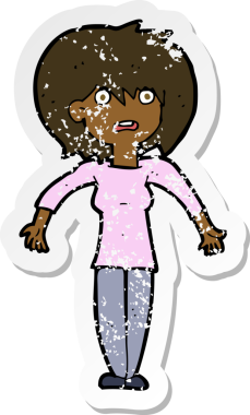 Bir insan tarafından çizilmiş omuzlarını silken karikatürlü bir kadının gerilmiş çıkartması.