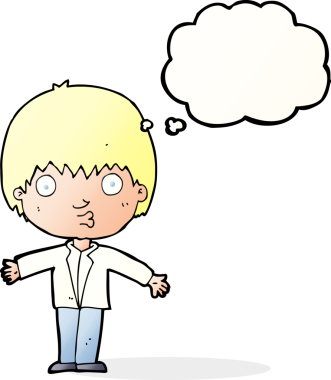 Bir insan tarafından çizilmiş düşünce baloncuğu olan bir çocuk.