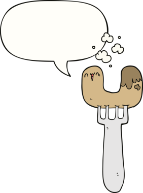 İnsan tarafından çizilmiş konuşma baloncuklu çatal üzerinde sosis.