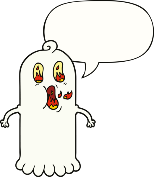 Bir insan tarafından çizilmiş, alev alev yanan gözleri olan bir çizgi film hayaleti.