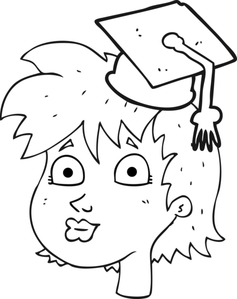 Bir insan tarafından çizilmiş siyah beyaz kadın mezuniyet şapkası giyiyor.