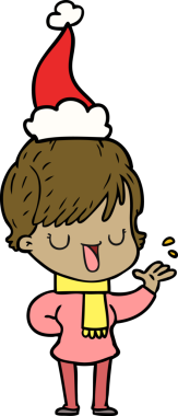 Bir insan tarafından çizilmiş Noel Baba şapkasıyla konuşan bir kadının el çizimi.