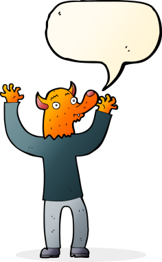 Bir insan tarafından çizilmiş konuşma balonlu mutlu tilki adam.