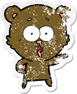 Bir insan tarafından çizilmiş gülen oyuncak ayının sıkıntılı çıkartması.