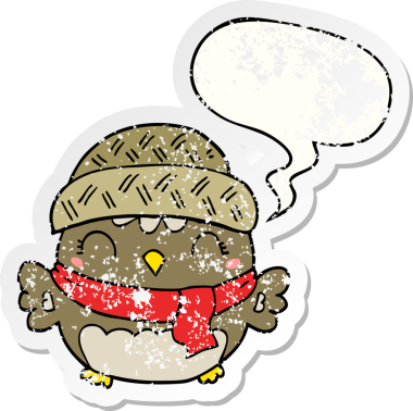 Konuşma baloncuğu olan şapkalı sevimli bir baykuş. Bir insan tarafından çizilmiş sıkıntılı eski bir çıkartma.