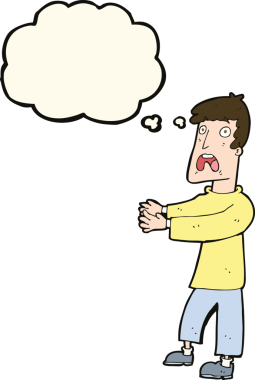 Bir insan tarafından çizilmiş düşünce baloncuğuyla dehşete düşmüş bir adam.