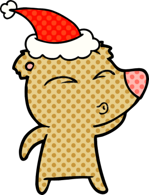 Bir insan tarafından çizilmiş Noel Baba şapkası giyen bir ayının el çizimi çizgi roman çizimi.