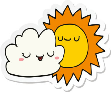 Bir insan tarafından çizilmiş karikatür güneş ve bulut çıkartması.