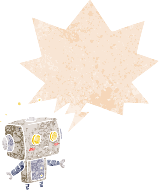 grunge 'da konuşma baloncuğu olan karikatür robotu bir insan tarafından çizilmiş gerilimli retro stil