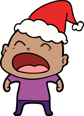 Bir insan tarafından çizilmiş Noel Baba şapkası giymiş bağıran kel bir adamın el çizimi.