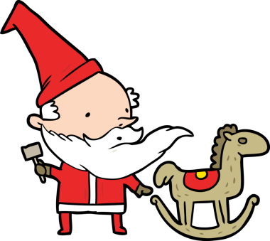 çizgi film Noel Baba (veya elf) bir insan tarafından çizilmiş sallanan bir at yapıyor.