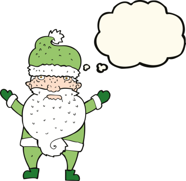 Bir insan tarafından çizilmiş düşünce baloncuklu huysuz Noel Baba çizgi filmi.