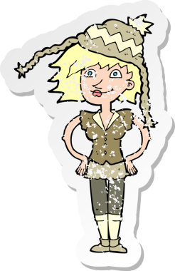 Bir insan tarafından çizilmiş kış şapkası giyen bir karikatür kadının gerilimli çıkartması.