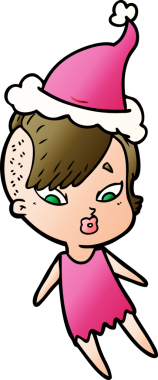 Bir insan tarafından çizilmiş Noel Baba şapkası giymiş şaşırmış bir kızın el çizimi karikatürü.